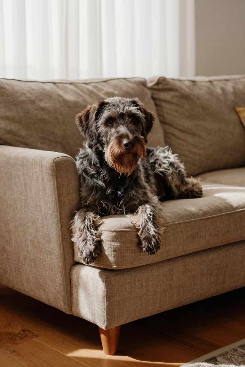 Wirehaired Pointer Resting on Linen Sofa in on a linen sofa with daylight from a nearby window near Terrassa