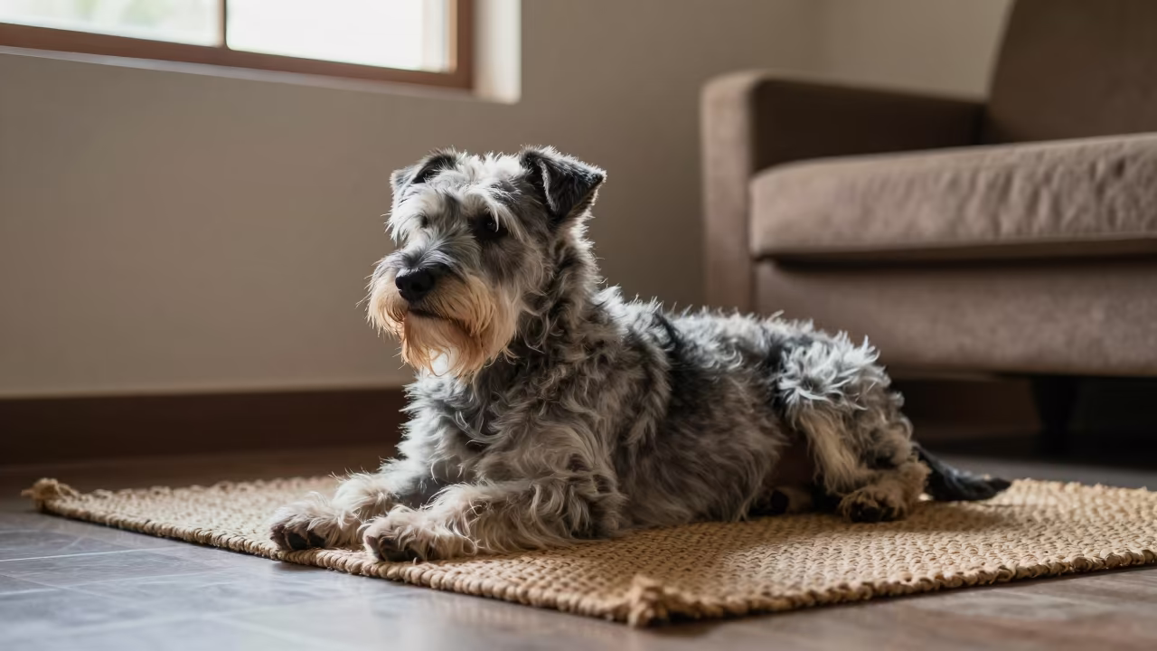 Wirehaired Pointing Griffon on Rug Before Dawn in on a woven rug beside a low couch and an uncluttered wall near Solapur