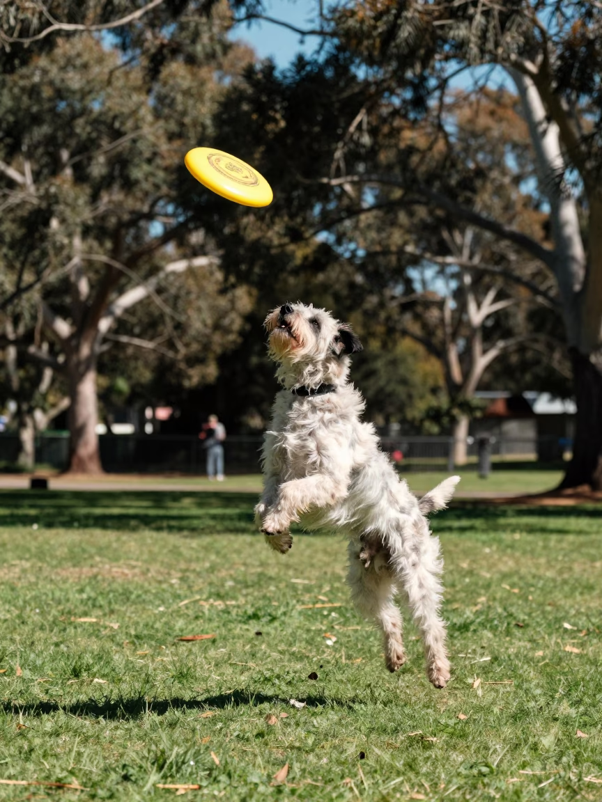 Wirehaired Pointing Griffon Playing Frisbee in Adelaide Parklands Under Noon Sun in in Adelaide, South Australia, Australia
