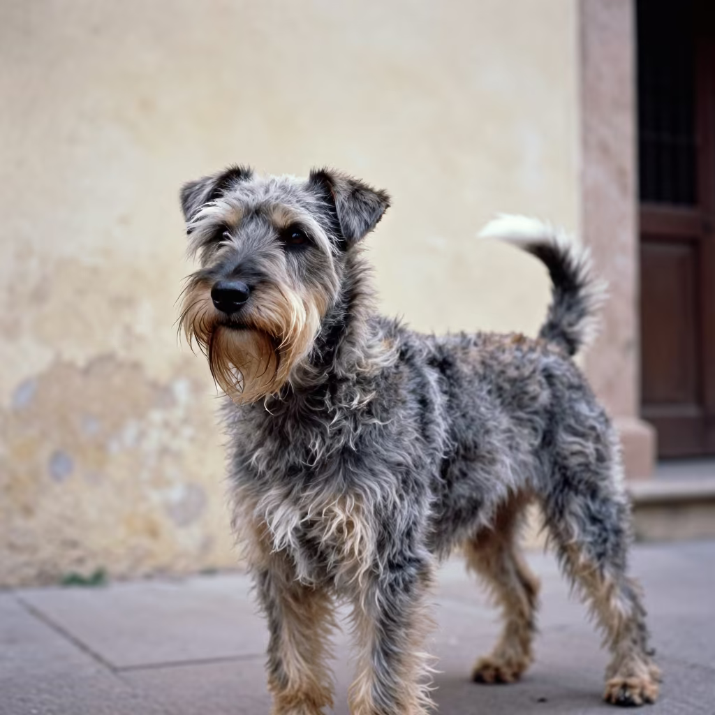 Wirehaired Pointing Griffon Portrait in Pinar del Río in beside a plain courtyard wall in clear daylight with the animal at eye level near Pinar del Río