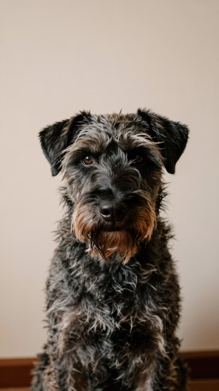 Wirehaired Pointing Griffon Portrait Indoor in beside a plain plaster wall in soft indoor light with the animal centered in frame in San Nicolás de los Arroyos