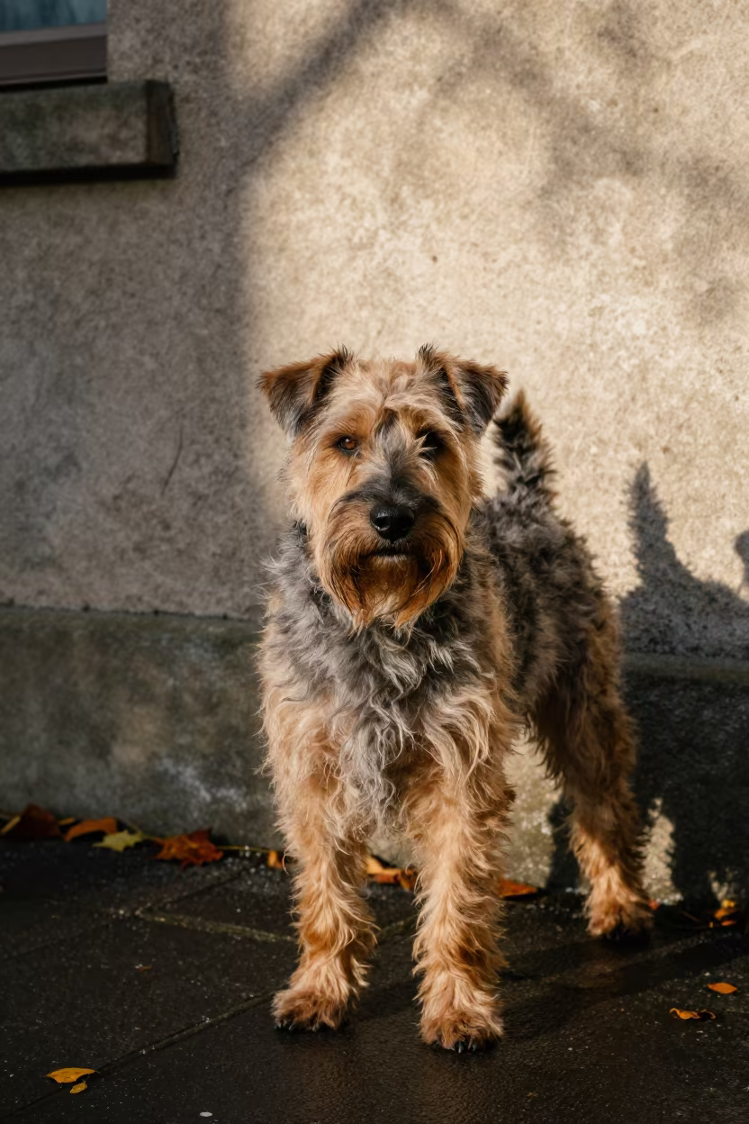 Wirehaired Pointing Griffon Portrait Richmond Hill Autumn in beside a plain courtyard wall in clear daylight with the animal at eye level near Richmond Hill