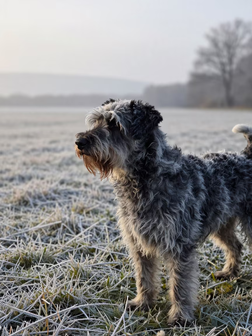 Wirehaired Pointing Griffon Portrait Winter Evening in near a garden edge with soft morning light and an uncluttered background in Stavanger