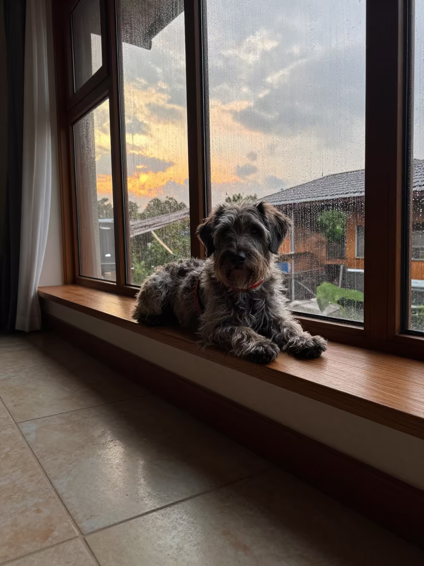 Wirehaired Pointing Griffon Resting on Apartment Window Seat in on a window seat in a quiet apartment with soft side light in Natal