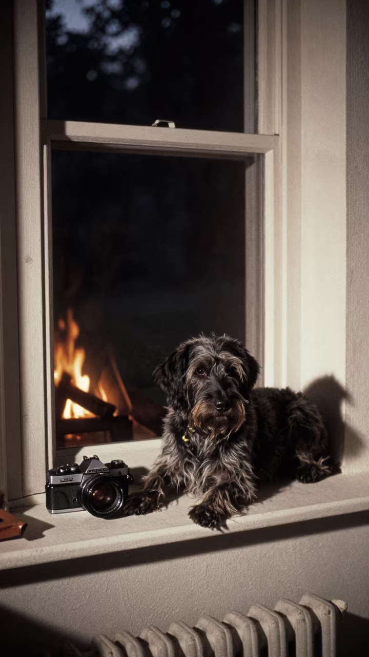 Wirehaired Pointing Griffon Resting on Window Seat in on a window seat in a quiet apartment with soft side light near Desouk