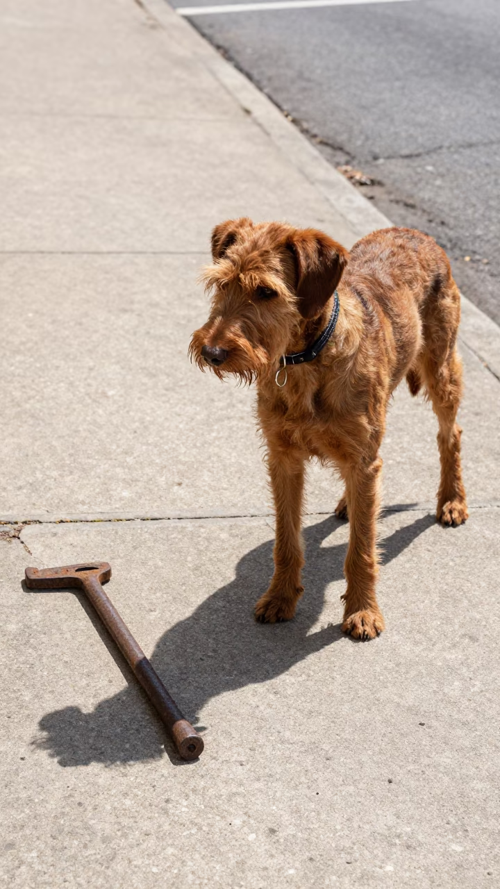 Wirehaired Vizsla and Crowbar on Nashville Tennessee Sidewalk at Midday in in Nashville, Tennessee, United States