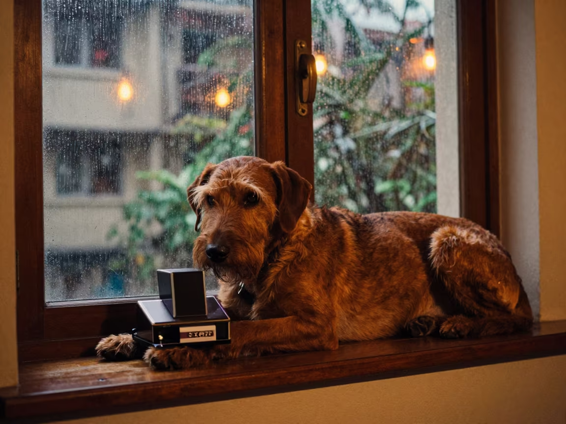 Wirehaired Vizsla on Window Seat in Monsoon Evening in on a window seat in a quiet apartment with soft side light in Jamnagar