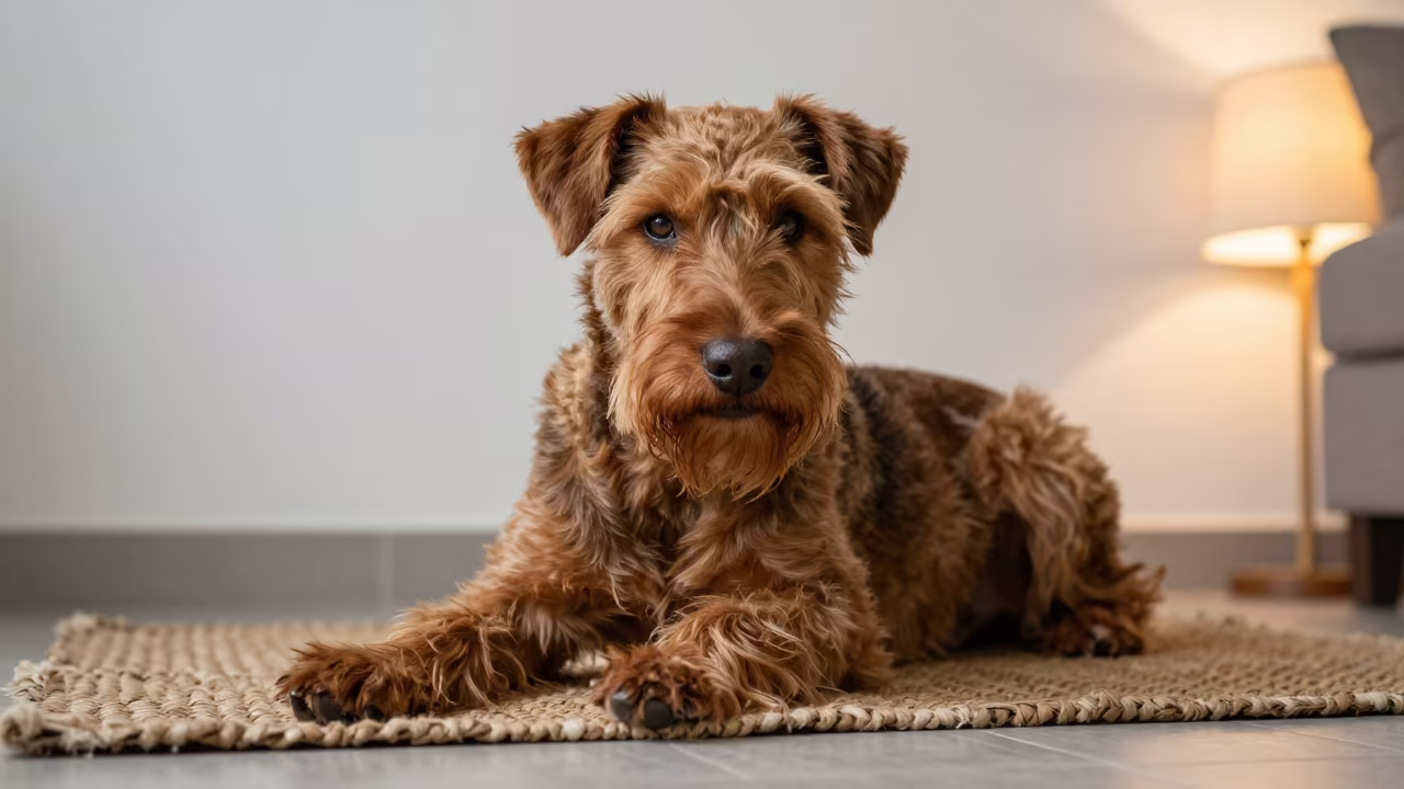 Wirehaired Vizsla on Woven Rug in Şanlıurfa Home in on a woven rug beside a low couch and an uncluttered wall in Şanlıurfa