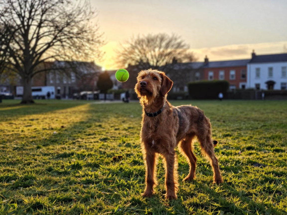 Wirehaired Vizsla Playing in Dublin Park at Sunset with Local Friends in in Dublin, Ireland