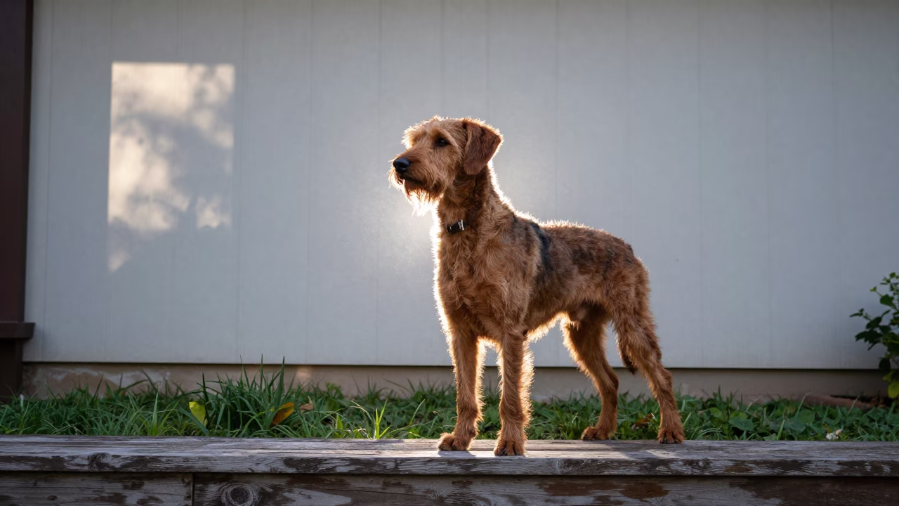 Wirehaired Vizsla Portrait at Hartford Garden Dawn in near a garden edge with soft morning light and an uncluttered background near Hartford