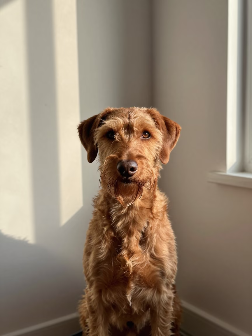 Wirehaired Vizsla Portrait Beside Plaster Wall in Alicante in beside a plain plaster wall in soft indoor light with the animal centered in frame in Alicante
