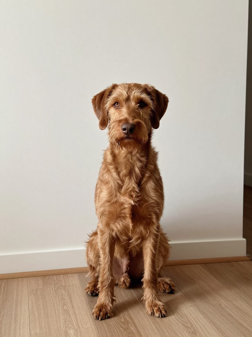 Wirehaired Vizsla Portrait Beside Plaster Wall in beside a plain plaster wall in soft indoor light with the animal centered in frame in Osmaniye