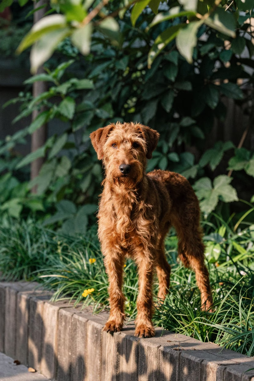 Wirehaired Vizsla Portrait in Chongqing Garden in near a garden edge with soft morning light and an uncluttered background in Chongqing