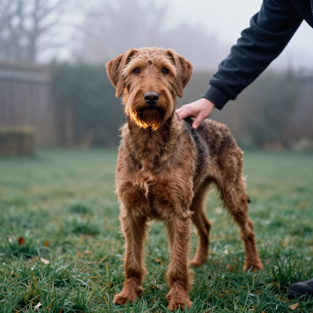 Wirehaired Vizsla Portrait in Cool Autumn Yard in in a small yard with clipped grass, calm light, and the animal centered in frame near Vitoria