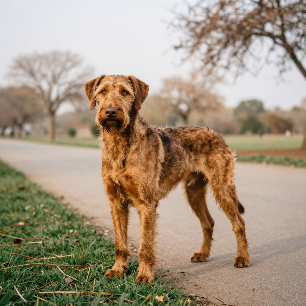 Wirehaired Vizsla Portrait on Guéckédougou Park Path in along a quiet park path with soft open shade and a clean background in Guéckédougou