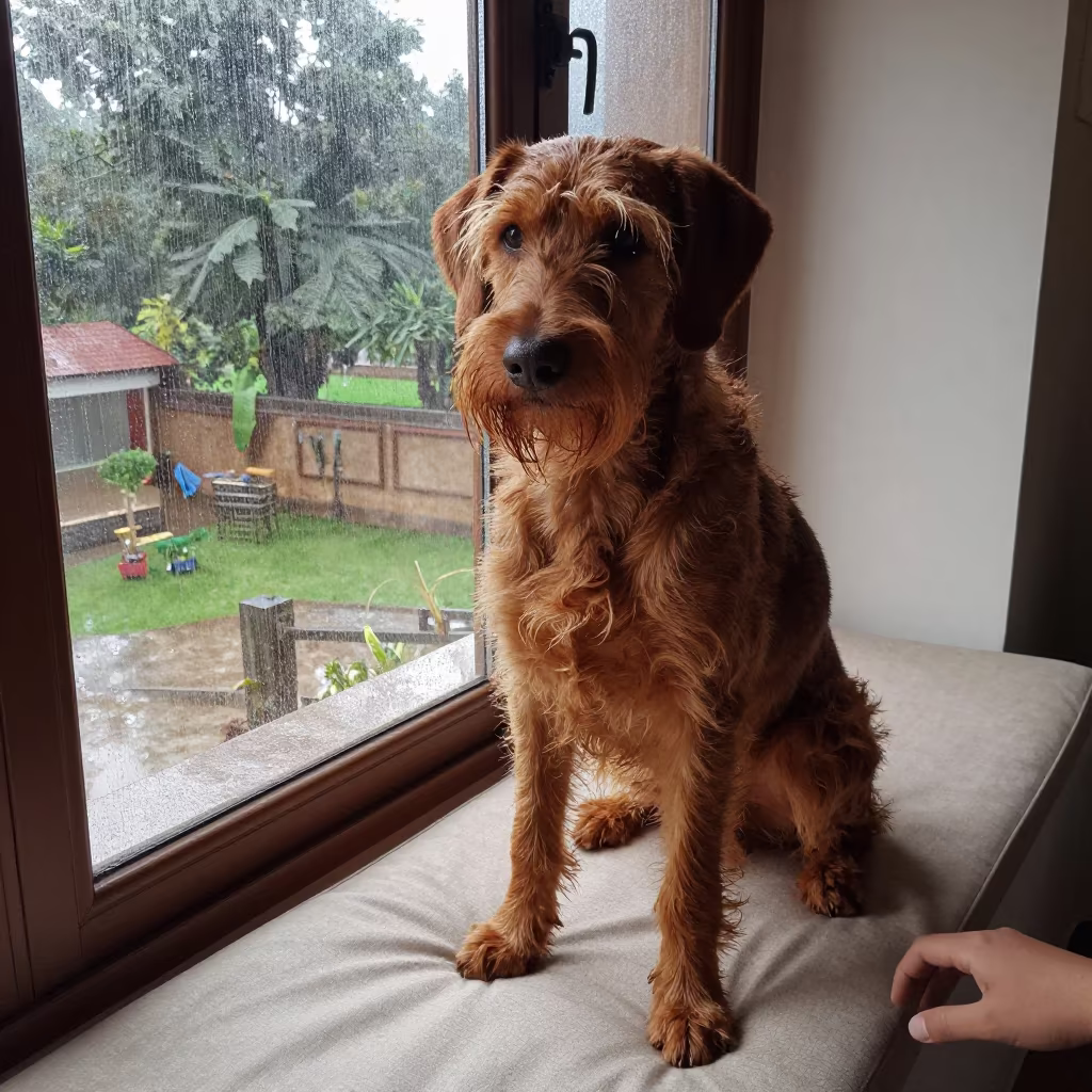 Wirehaired Vizsla Portrait on Window Seat in on a cushioned window seat with soft side light and an uncluttered background in Nagpur