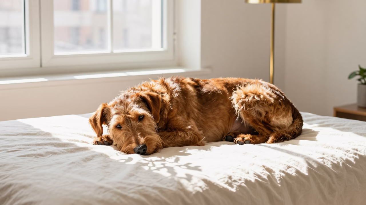Wirehaired Vizsla Resting Near Bright Window in on a bedspread near a bright window with calm indoor light near New York
