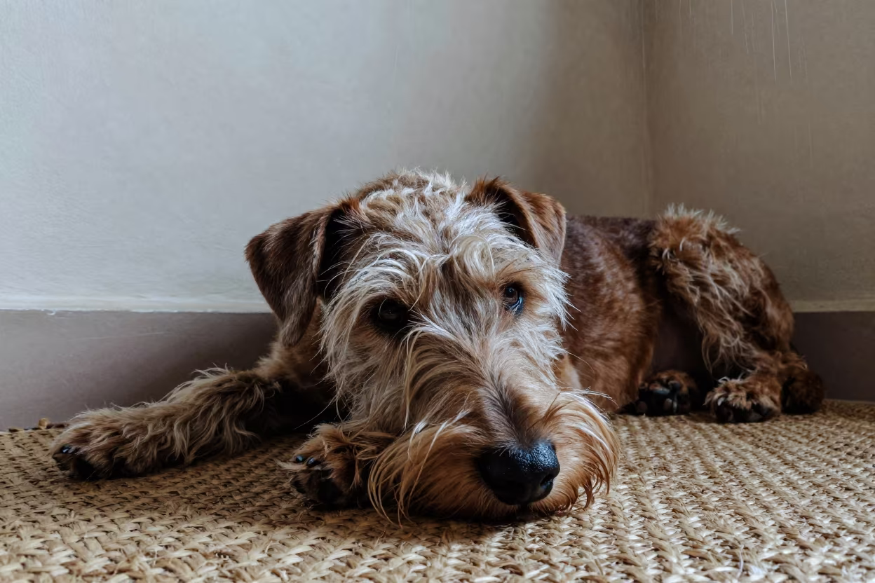 Wirehaired Vizsla Resting on Woven Rug in Sana'a Home in on a woven rug beside a low couch and an uncluttered wall near Sana'a