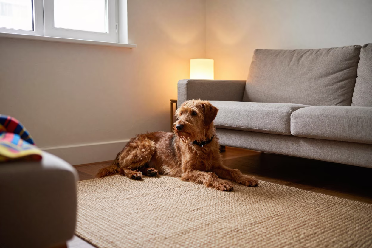 Wirehaired Vizsla Resting on Woven Rug in on a woven rug beside a low couch and an uncluttered wall near Chimoio