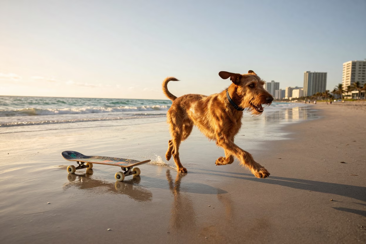 Wirehaired Vizsla Running on Miami Beach at Golden Hour with Skateboard Nearby in in Miami, Florida, United States
