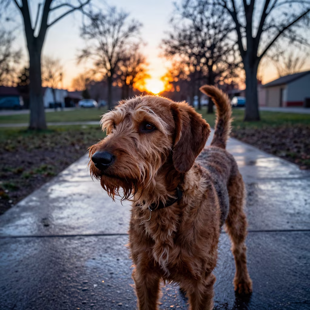Wirehaired Vizsla Silhouette on Tarija Park Path in along a quiet park path with soft open shade and a clean background in Tarija