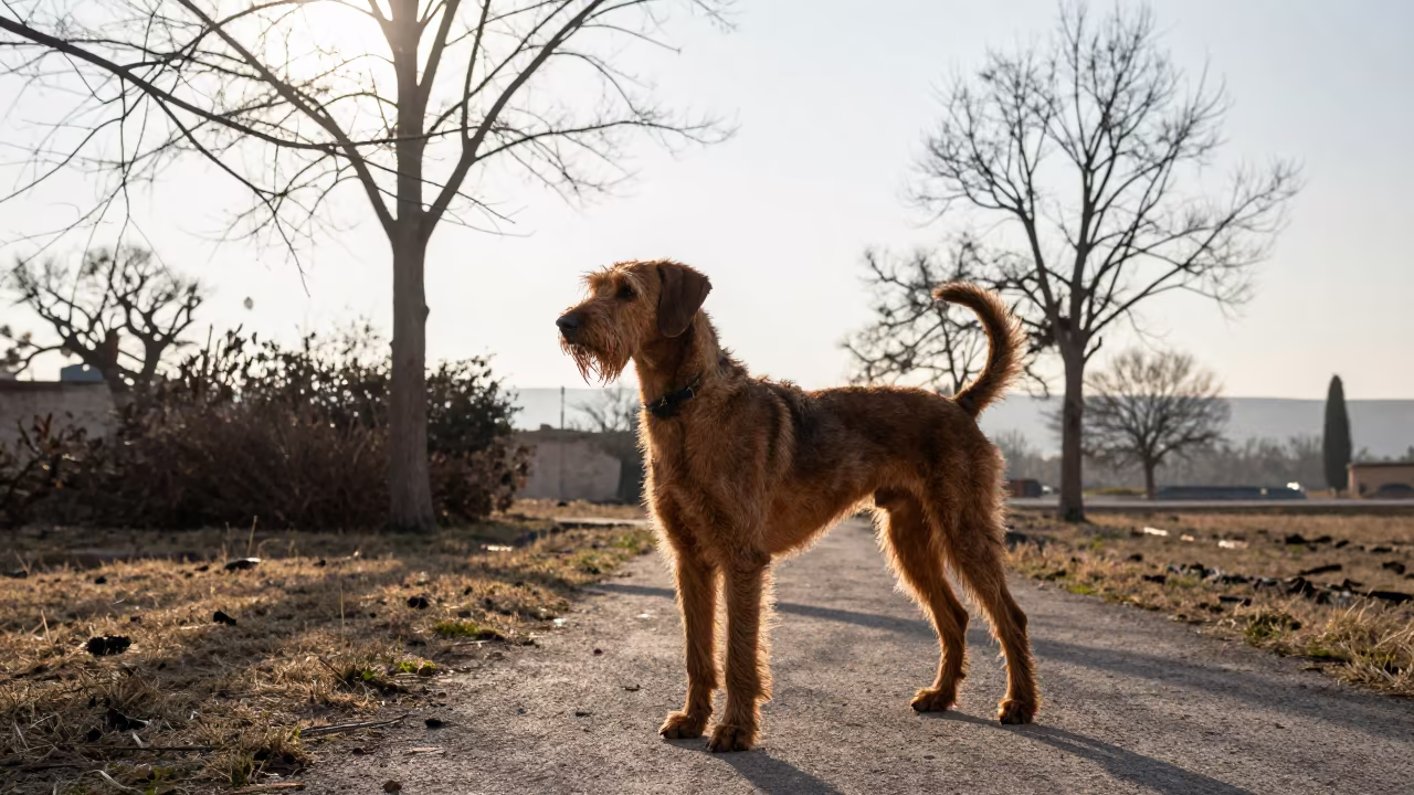 Wirehaired Vizsla Silhouette on Winter Park Path in near a garden edge with soft morning light and an uncluttered background near Idlib