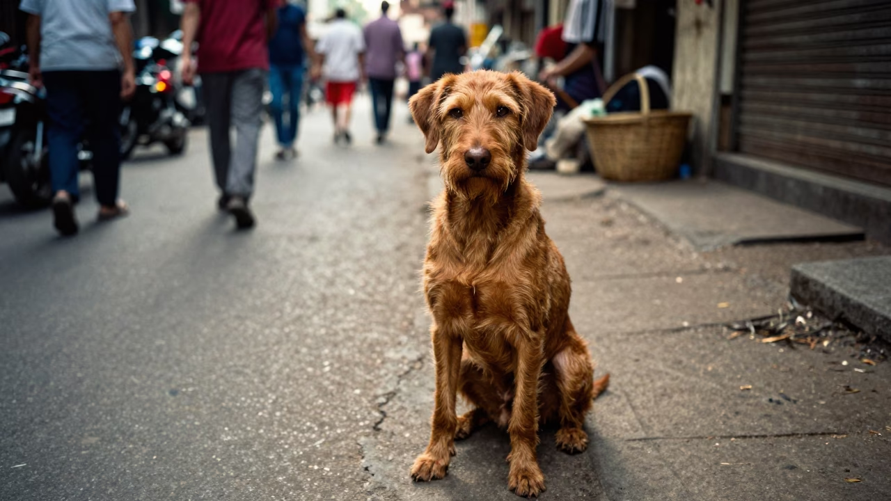 Wirehaired Vizsla Sitting on Mumbai Street Late Afternoon with Basket in in Mumbai, India
