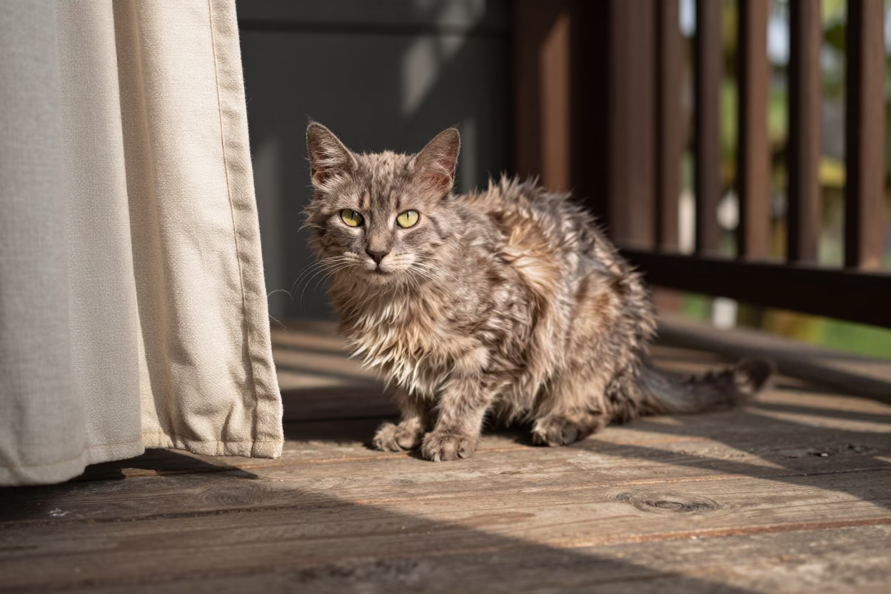 Wiry American Wirehair Cat on Shaded Lima Porch in on a shaded front porch with boards, railings, and eye-level framing in Lima