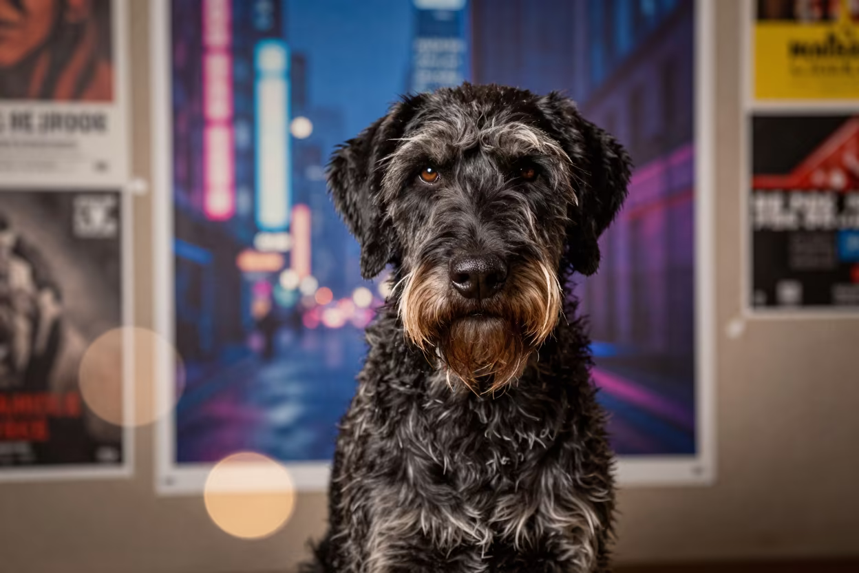 Wiry German Wirehaired Pointer in Rainy Neon Light in in a quiet portrait studio with a plain backdrop and eye-level framing near Owo