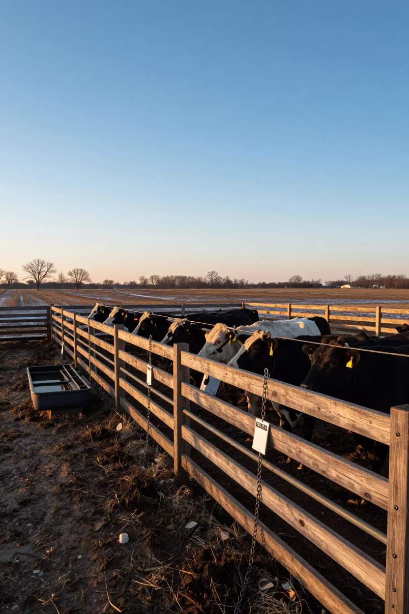 Wisconsin Cattle Pen Sunset Sorting Rail in near a windbreak and water trough in Wisconsin
