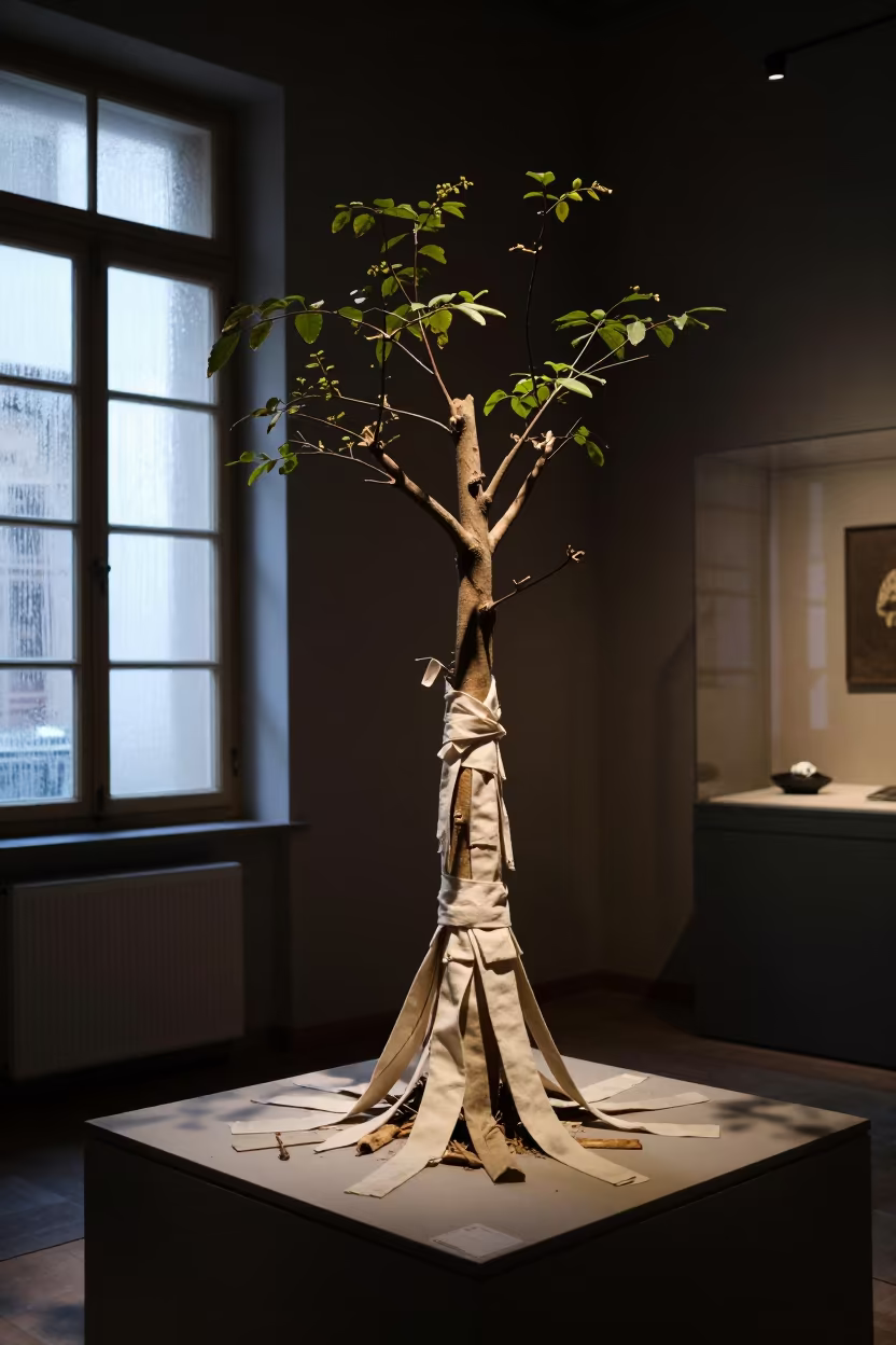 Wishing Tree Cloth Strips Museum Plinth in on a museum plinth near Damascus