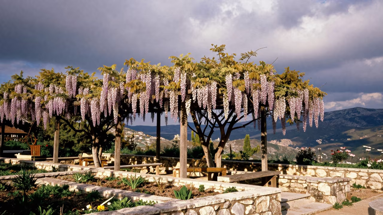 Wisteria Cascading Over Pergola in Croatian Terraces in among terraced garden plots in Croatia