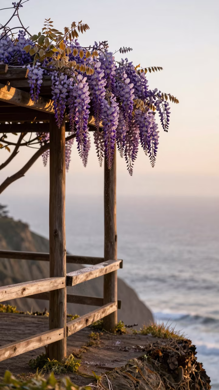 Wisteria Over Chilean Cliff at Sunset in along a salt-sprayed cliff edge in Chile