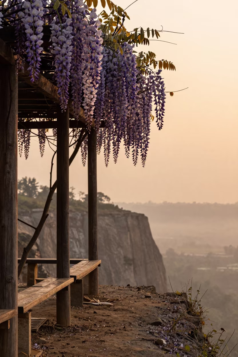 Wisteria Pergola Sunset Over Meerut Cliff in along a salt-sprayed cliff edge near Meerut
