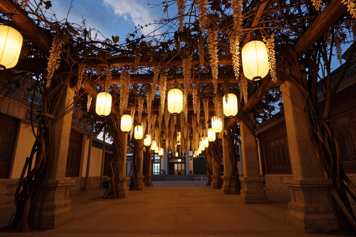 Wisteria Tunnel Lit by Lanterns in Dalian Prayer Hall in in a prayer hall in Dalian