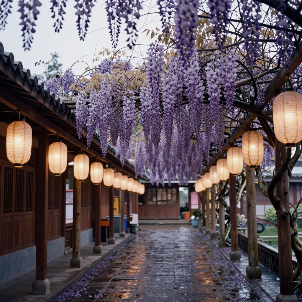 Wisteria Tunnel Lanterns Haikou Shrine After Rain in in a shrine lined with lanterns in Haikou