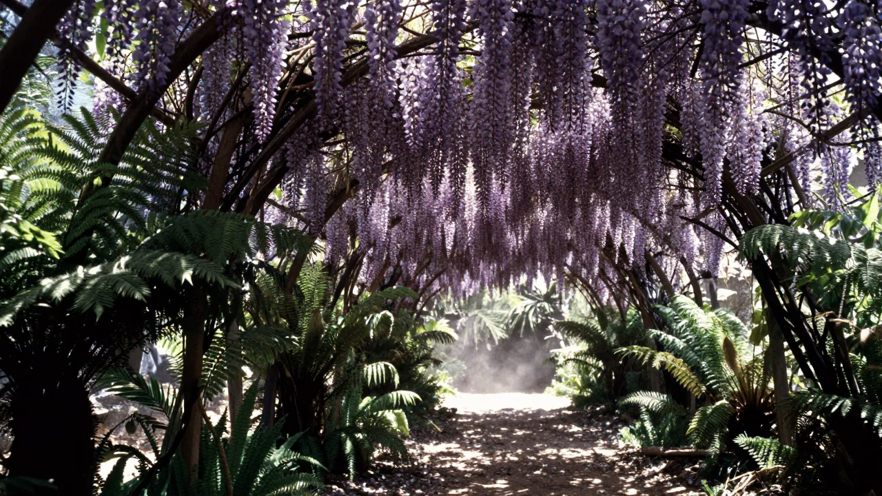Wisteria Tunnel Silhouette Libya Forest in on a fern-lined forest floor in Libya