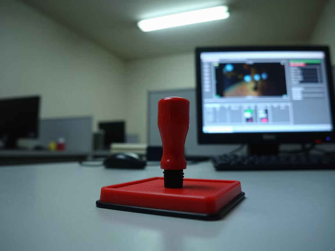 Witness Stamp Pad Under Fluorescent Glow in in an operations center under monitor glow near Khuzdar