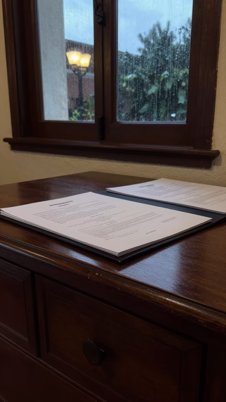 Witness Statement Folder on Oaxaca Hotel Dresser in on a hotel dresser in Oaxaca