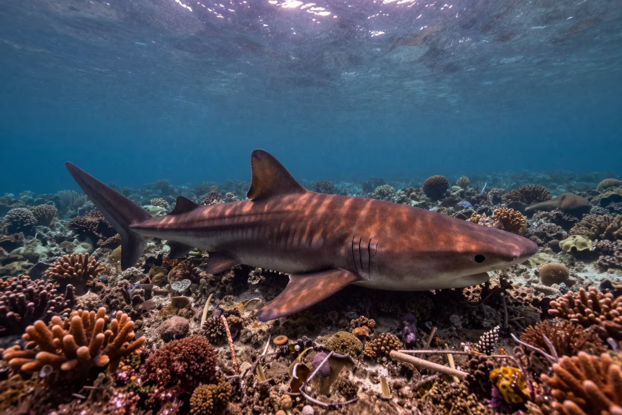 Wobbegong Shark Camouflaged on Bali Reef at Dusk in along a coral wall with blue water beyond near Denpasar