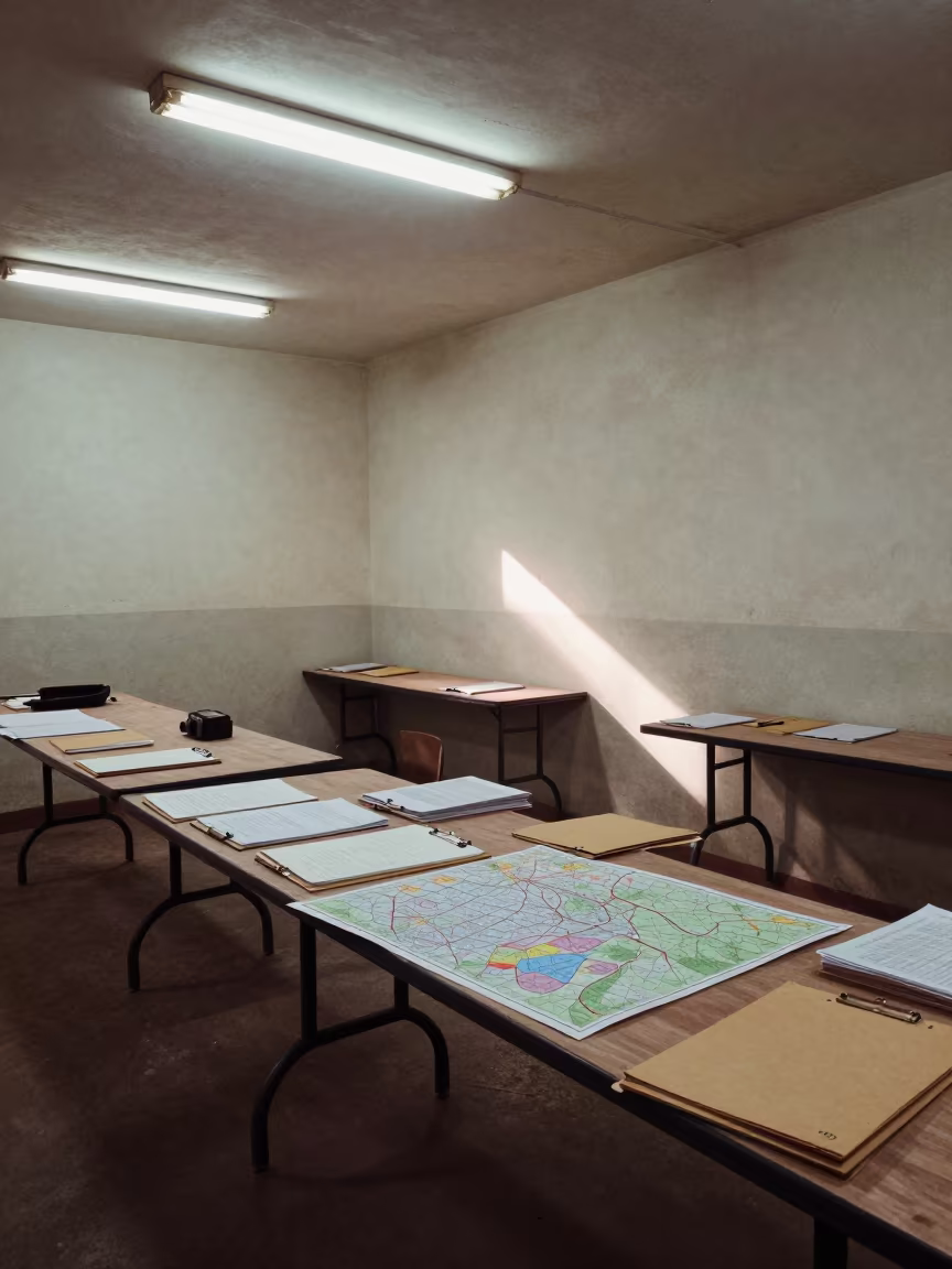 Wobbling Campaign Table Under Fluorescent Noon Light in in a fluorescent town hall meeting room in Ahmedabad