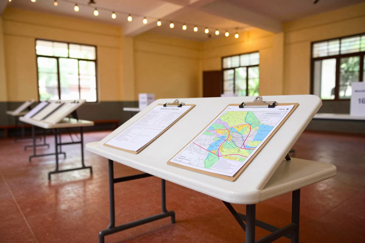 Wobbling Campaign Table in Ho Chi Minh Gym in inside a polling station gymnasium near Ho Chi Minh City