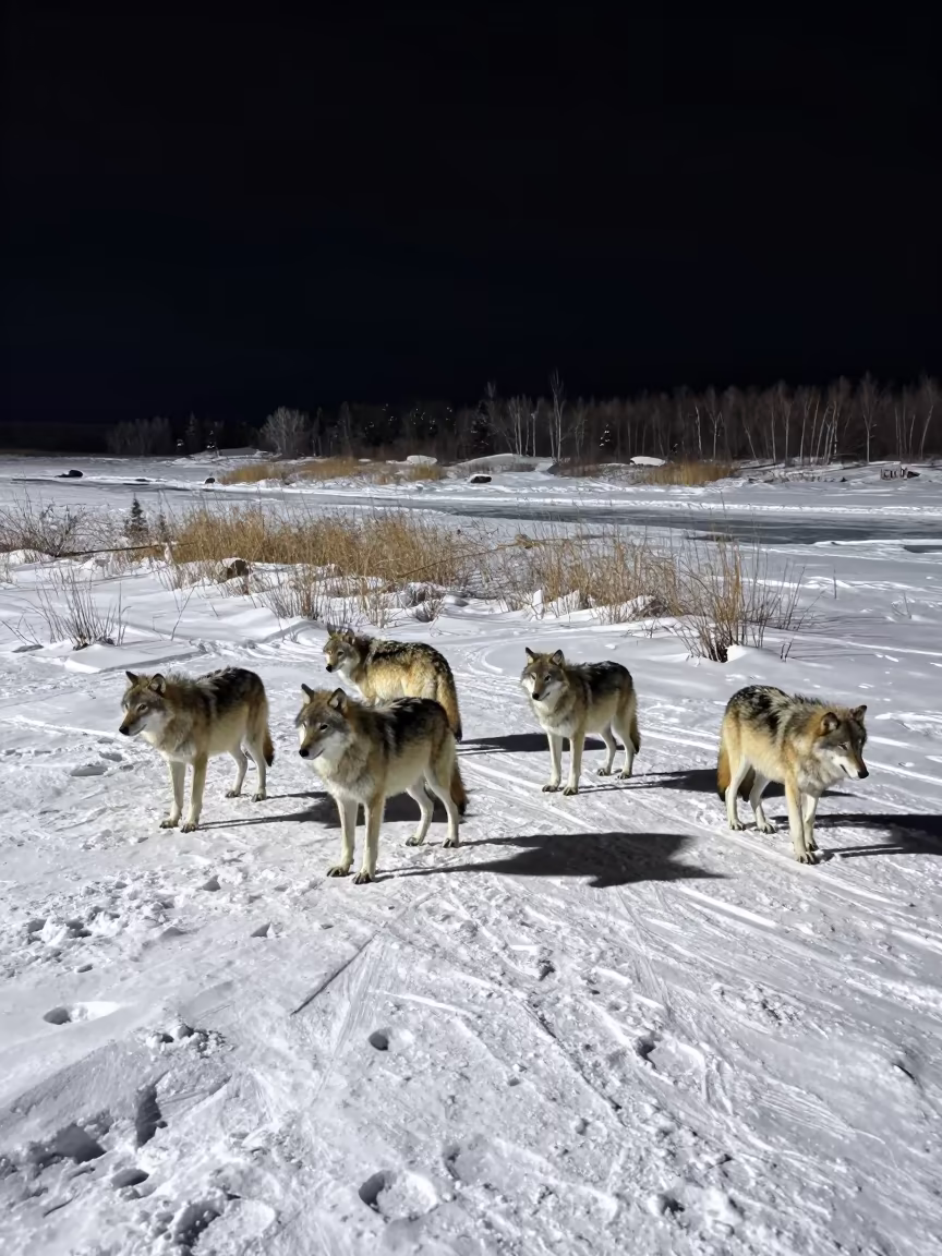 Wolf Pack on Frozen Moon River Under Black Sky in at the edge of a reed bed in Yukon