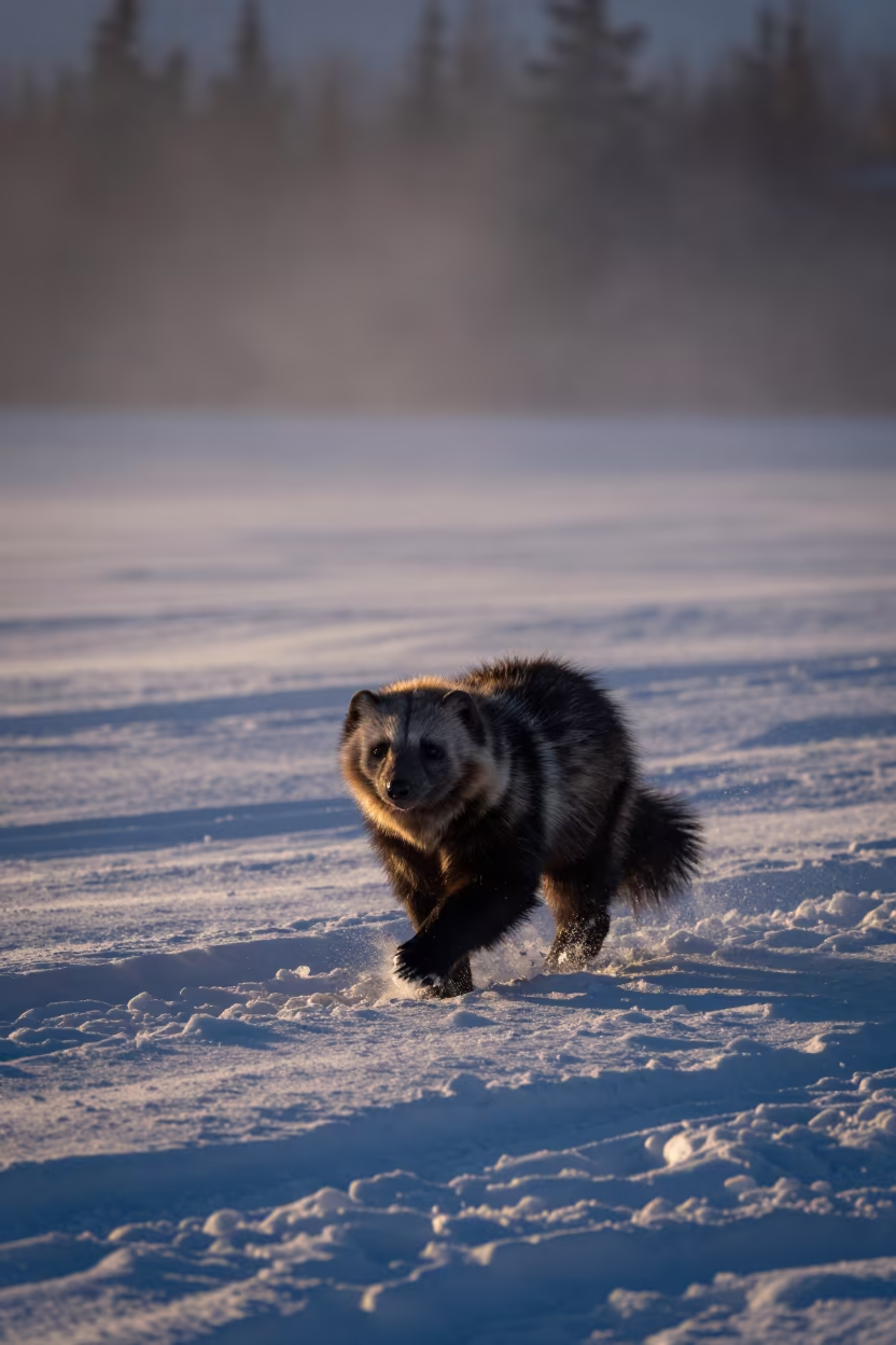 Wolverine Bounding Through Alaskan Mist at Dawn in along a game trail in Alaska