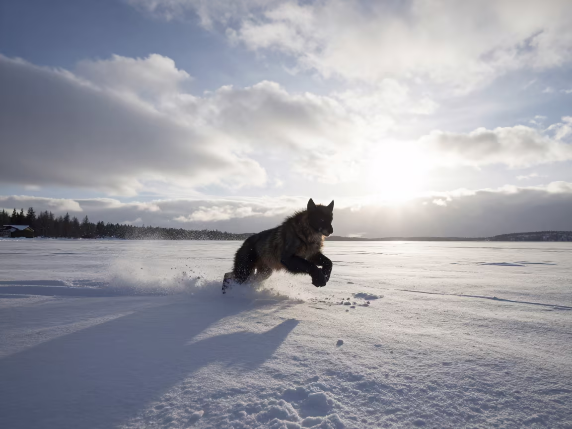 Wolverine bounding through snow in Stockholm light in near Stockholm