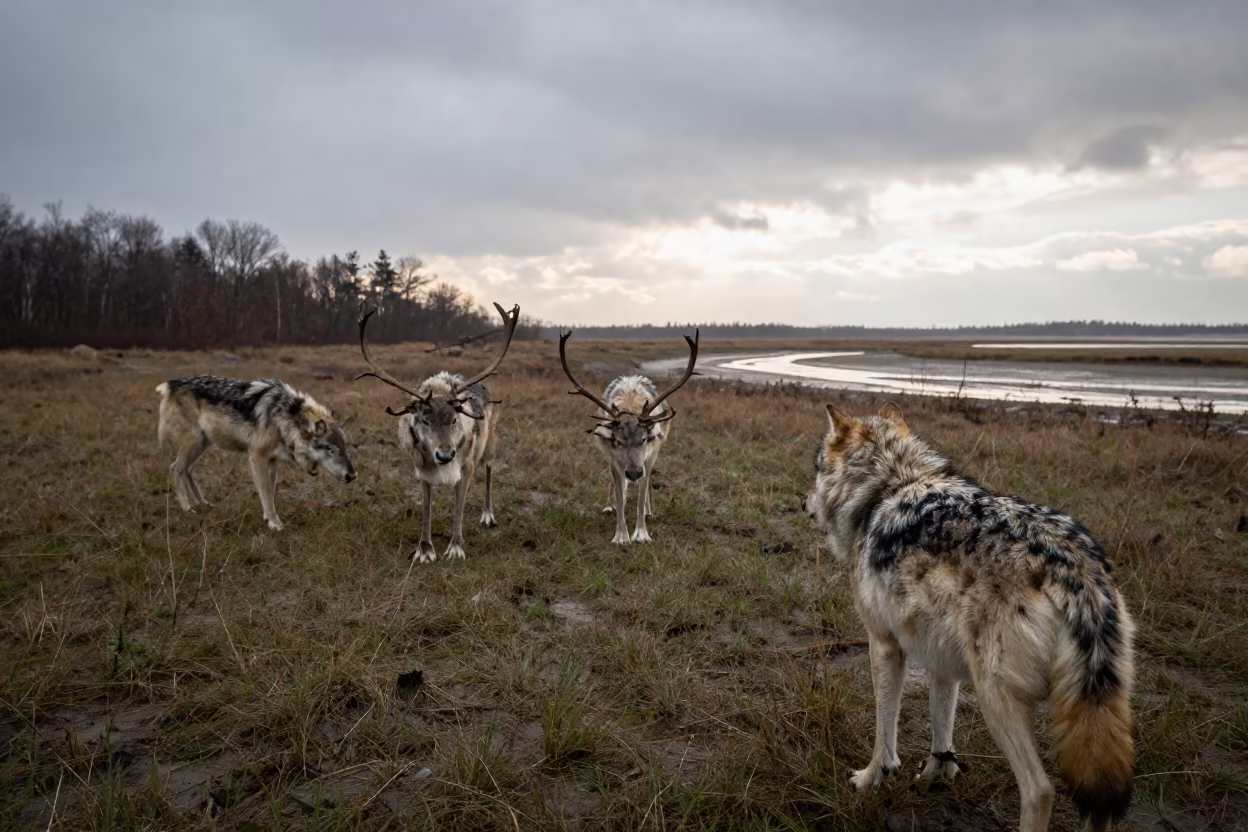 Wolves Caribou Tundra Tidal Inlet Umbria Rain in beside a tidal inlet in Umbria