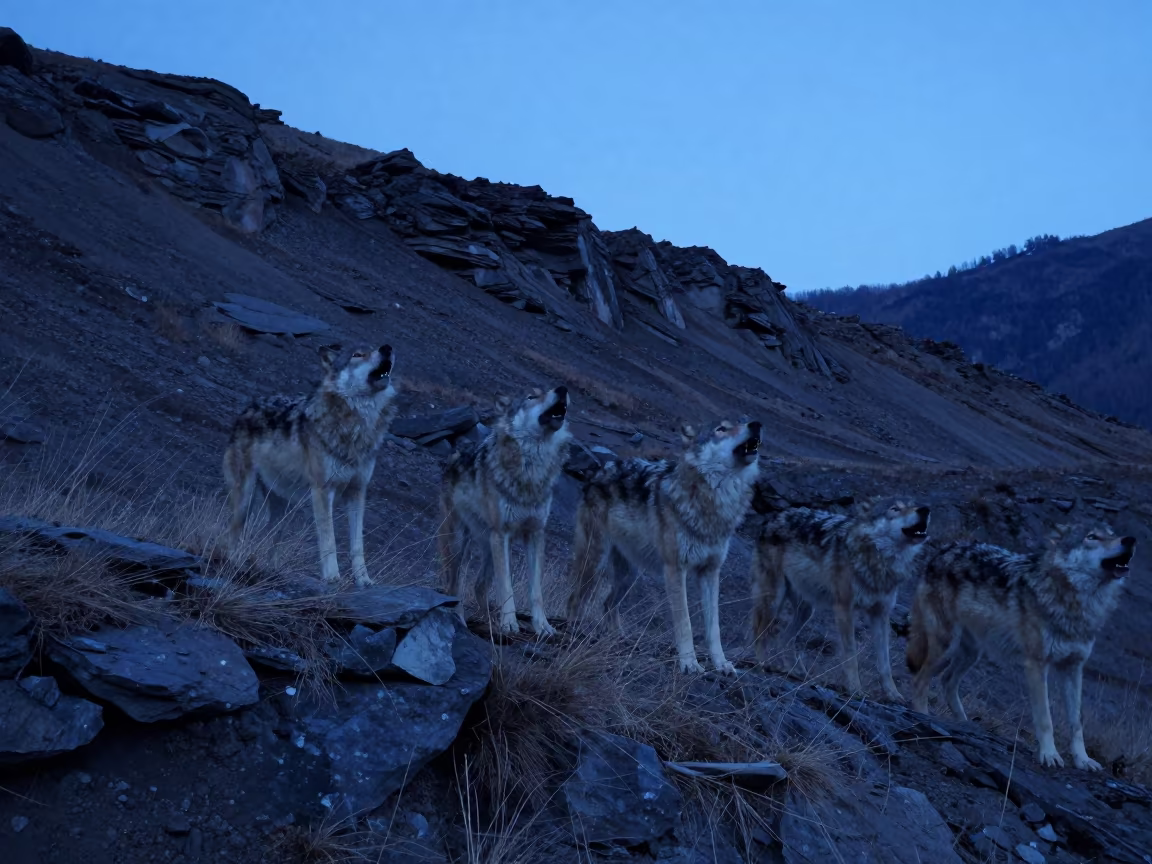 Wolves Howling on Blue Hour Ridge in beneath a wind-cut desert escarpment near Chamonix