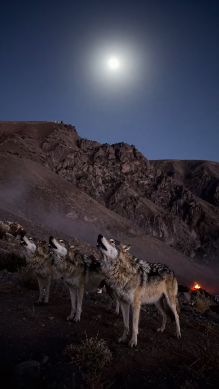 Wolves Howling on Moonlit Desert Ridge Near Cusco in beneath a wind-cut desert escarpment near Cusco