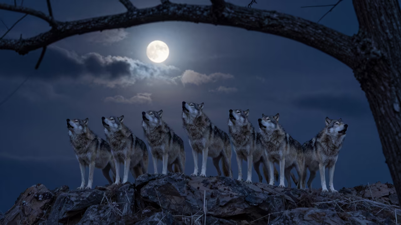 Wolves Howling on Moonlit Ridge Before Dawn in beneath a dark-sky overlook near Tbilisi