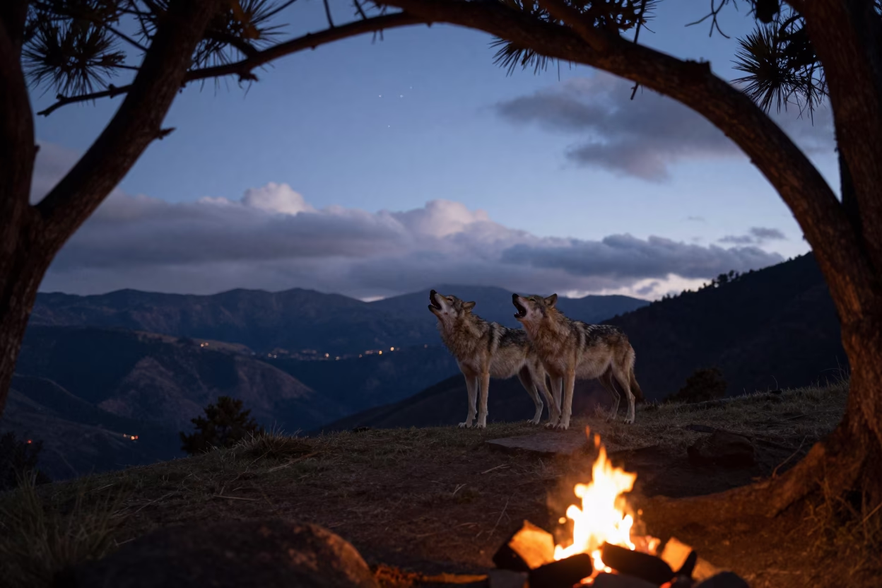 Wolves Howling on Moonlit Ridge Near Bogota in beneath thin cloud gaps and stars near Bogotá